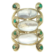 Load image into Gallery viewer, Estate Modernist Moonstone and Emerald Ring in 14k Yellow Gold
