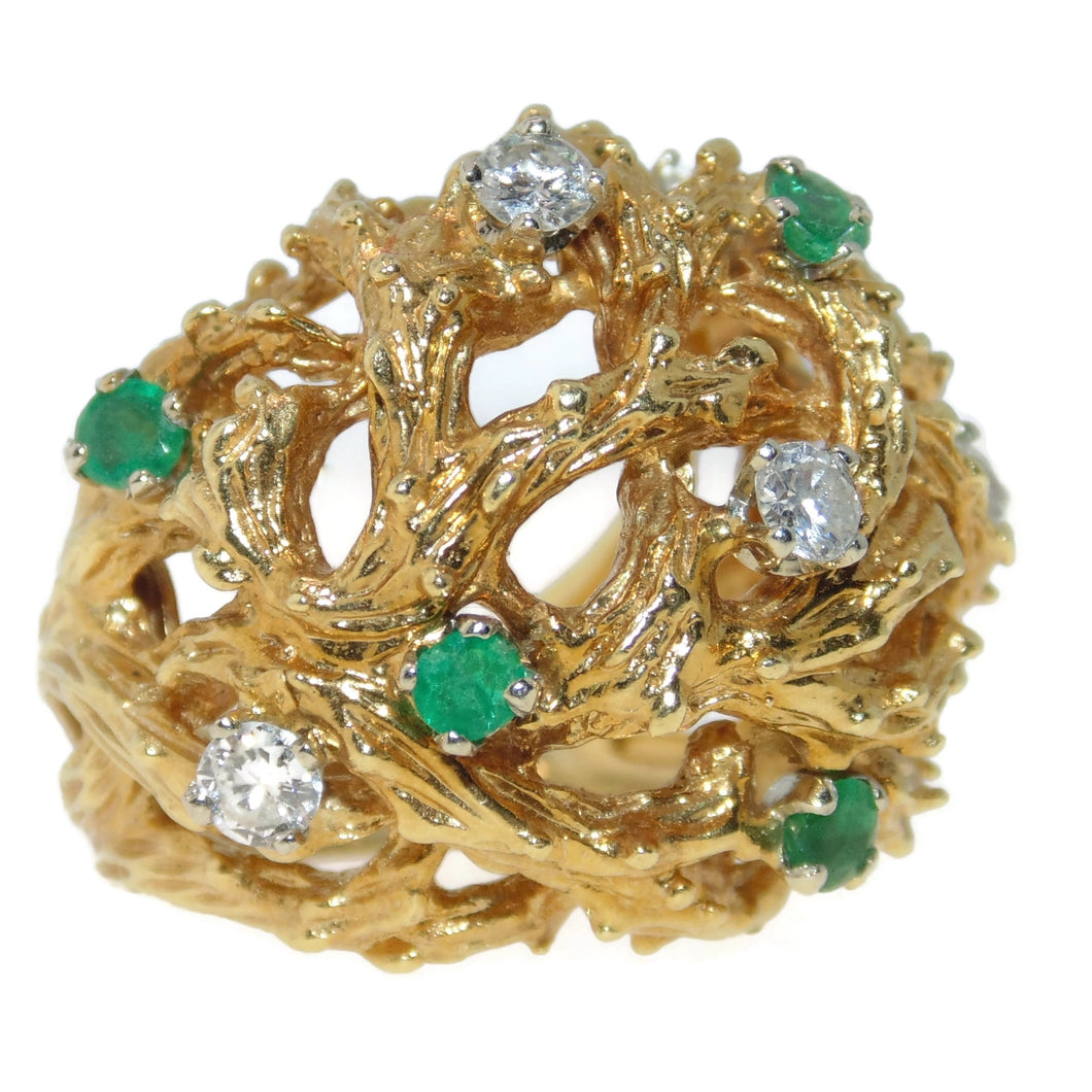 Yellow Gold Textured Domed Nature Inspired Emerald Diamond Statement Ring