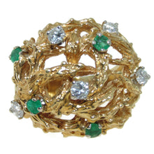 Load image into Gallery viewer, Estate 18k Yellow Gold Textured Domed Nature Inspired Emerald Diamond Statement Ring
