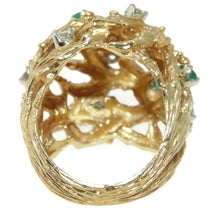 Load image into Gallery viewer, Estate 18k Yellow Gold Textured Domed Nature Inspired Emerald Diamond Statement Ring
