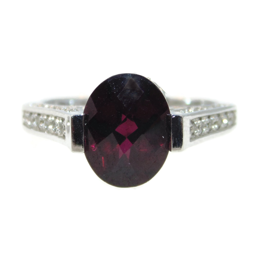 Red Garnet Ornate Ring with Diamonds in 14k White Gold