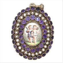 Load image into Gallery viewer, Antique Victorian Large Locket Pendant Featuring Amethyst, Seed Pearls, and Cherub Portrait Detail
