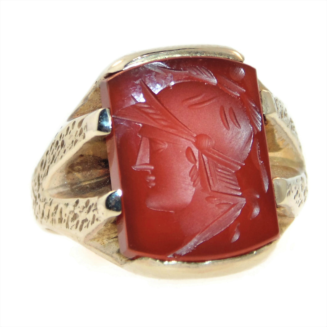 Men's Estate Carved Cameo Warrior Carnelian Ring in 14k Yellow Gold