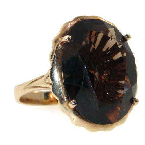 Estate Smokey Topaz Oval Ring with Scalloped in 14k Yellow Gold