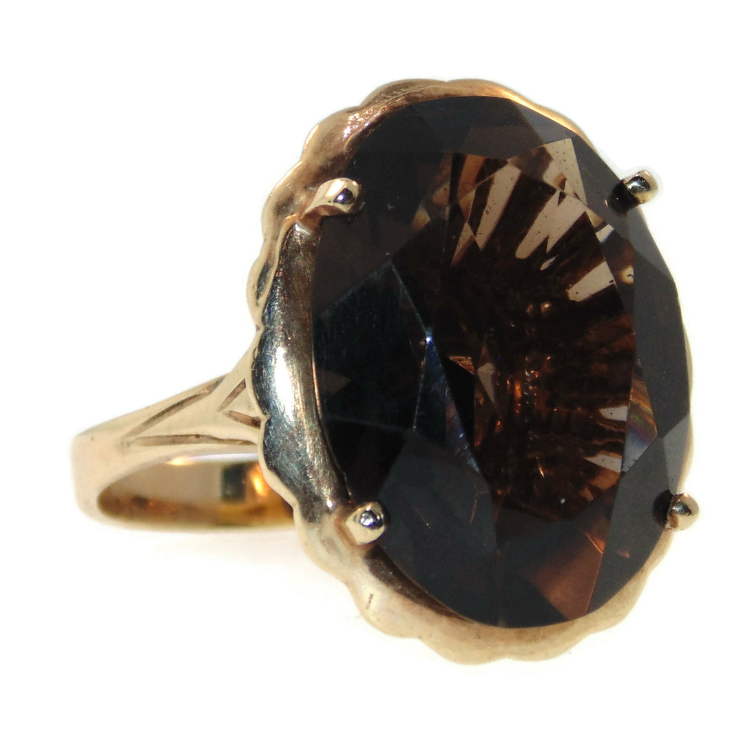 Estate Smokey Topaz Oval Ring with Scalloped Detail in 14k Yellow Gold