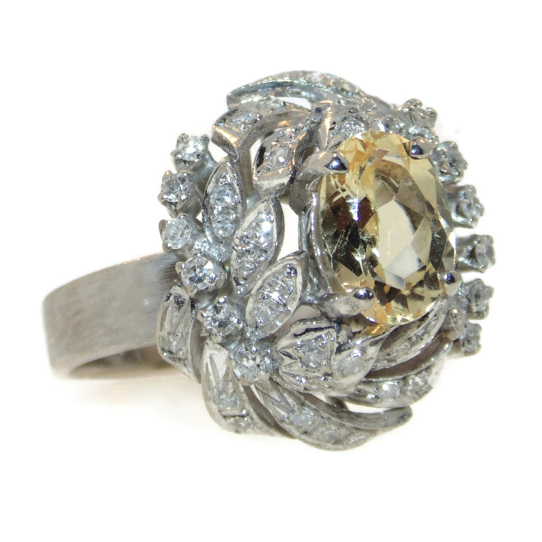 Unique Imperial Topaz And Diamond Ring with a Brushed Finish in 18k White Gold
