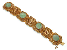 Load image into Gallery viewer, Antique Jade Carved Rounds Wide Panel Bracelet with Chinese Proverbs in Gold Plated
