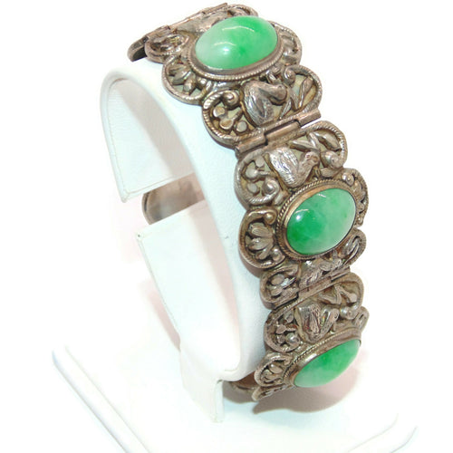 Ornate Green White Jade Bracelet in Sterling Silver Carved