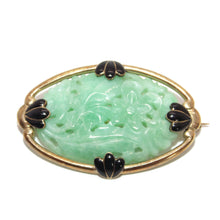 Load image into Gallery viewer, Vintage Carved Floral Green Jade Enamel Brooch in 14k Yellow Gold
