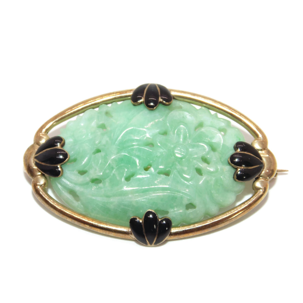 Vintage Carved Floral Green Jade Enamel Brooch in 14k Yellow Gold