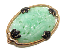 Load image into Gallery viewer, Vintage Carved Floral Green Jade Enamel Brooch in 14k Yellow Gold
