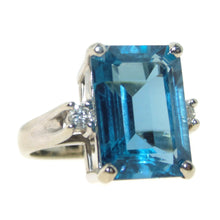 Load image into Gallery viewer, Estate Blue Emerald Cut Topaz Statement Ring in 14k White Gold and Diamonds
