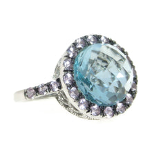 Load image into Gallery viewer, Estate Blue Topaz Bombe Statement Ring in 14K White Gold with Pink Sapphires
