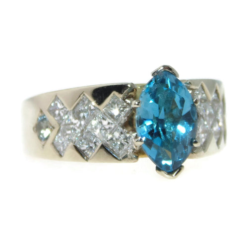 Blue Marquise Cut Topaz Ring in 14k White and Yellow Gold and Diamonds