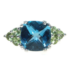 Load image into Gallery viewer, Estate Blue Cushion Cut Topaz Statement Ring in 14k White Gold and Peridot
