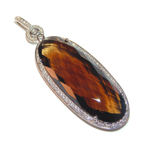 Elongated Oval Smokey Quartz Pendant with Diamond Halo