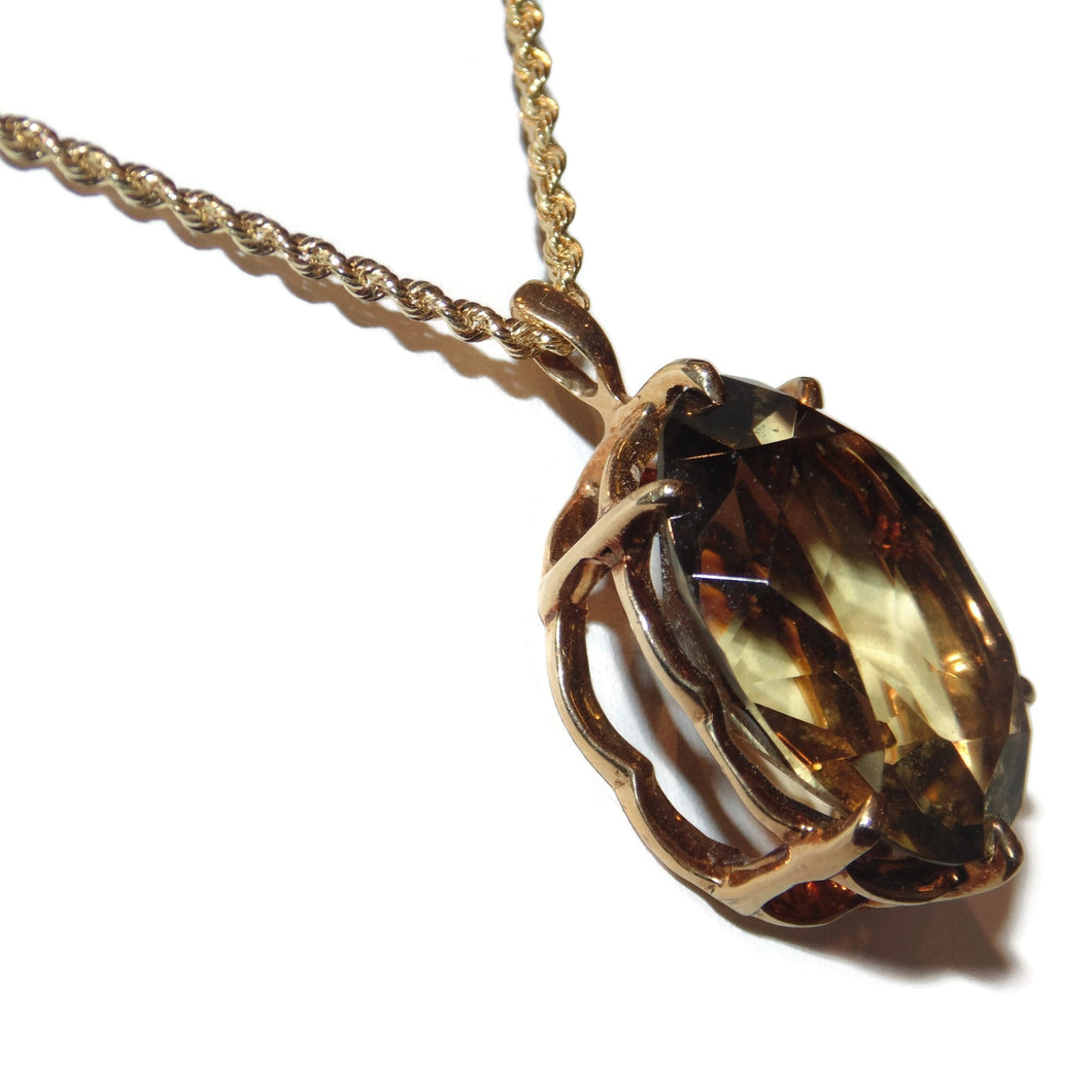 Smokey Quartz Pendant with Rope Style Chain in Yellow Gold