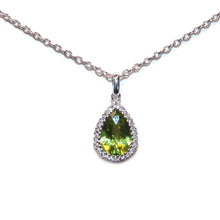 Load image into Gallery viewer, Pear Shaped Peridot Pendant with Diamond Halo in White Gold
