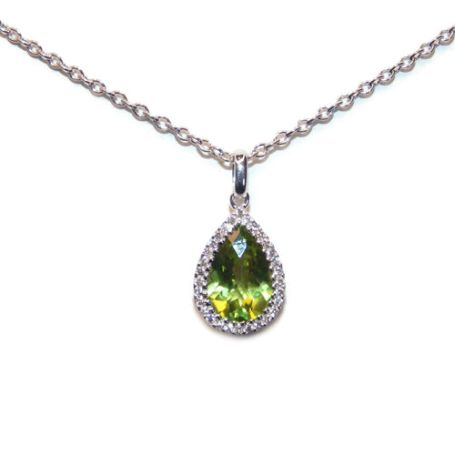 Pear Shaped Peridot Pendant with Diamond Halo in White Gold