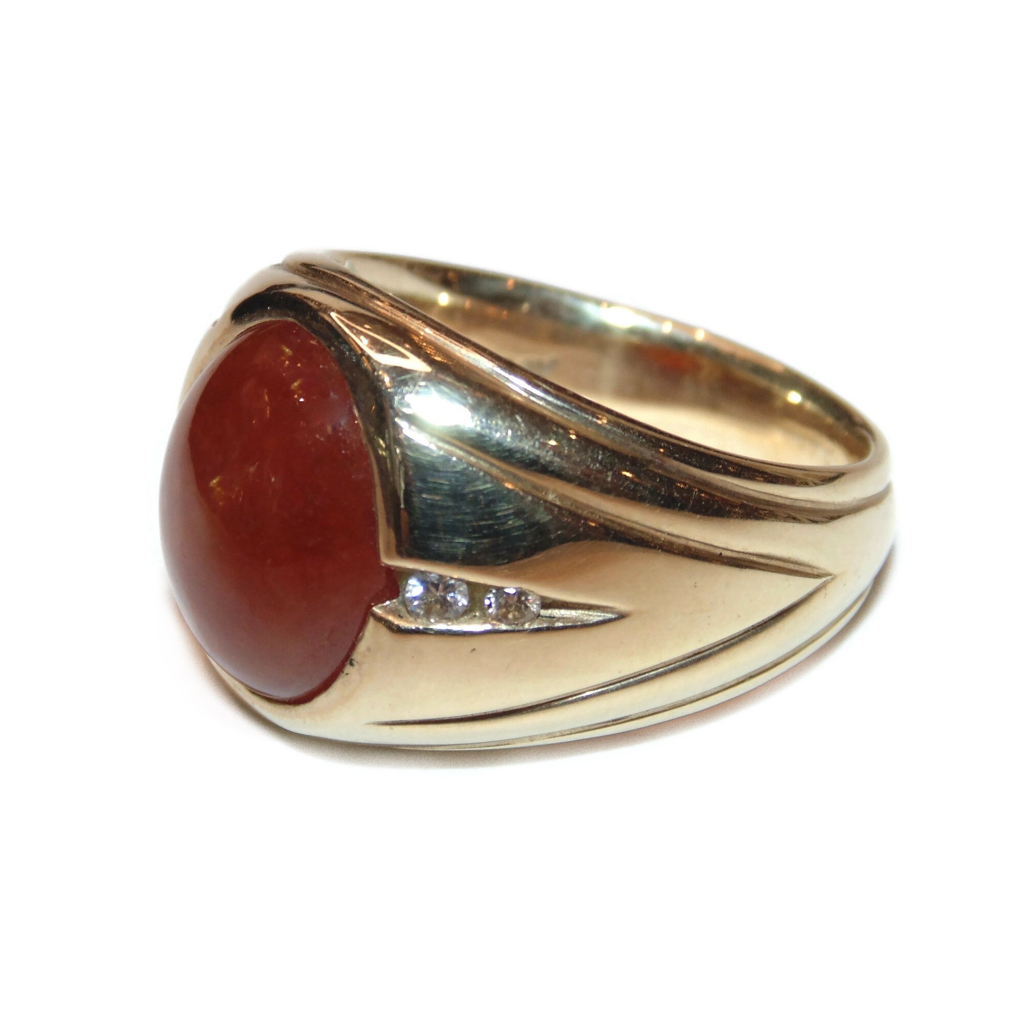 Estate Men's Carnelian and Diamond Ring in 14k Yellow Gold