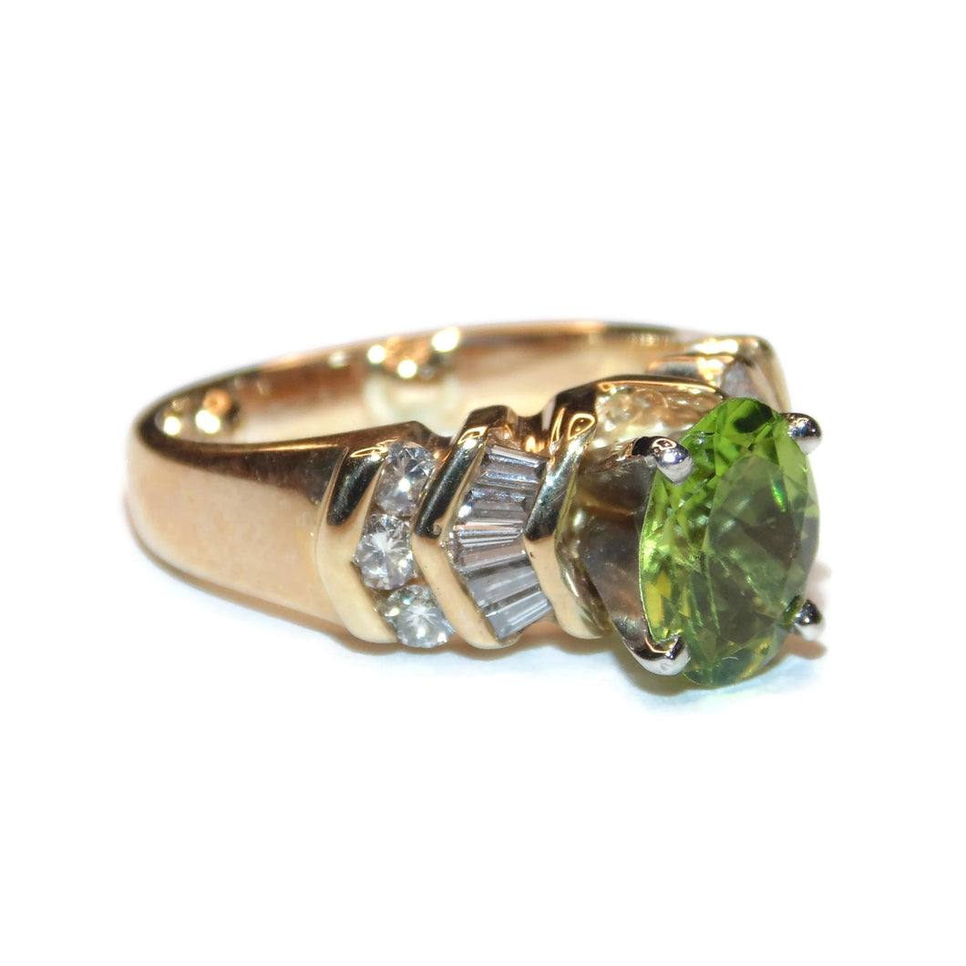 Vintage Peridot and Diamond Ring Chevron Style in 14k Yellow Gold