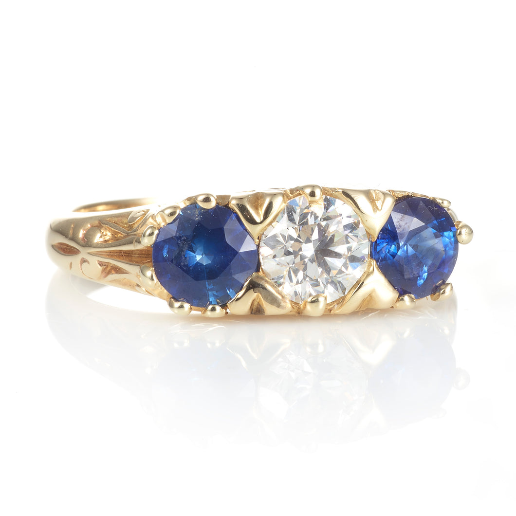 Vintage 14k Yellow Gold Diamond and Sapphire Three Stone Ring