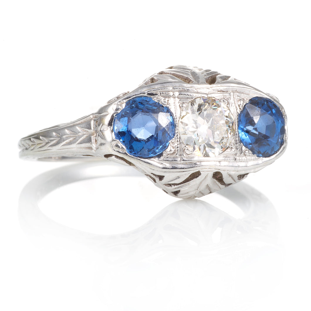 Vintage Hand Carved Sapphire and Diamond 3 Stone Ring in 18k White Gold