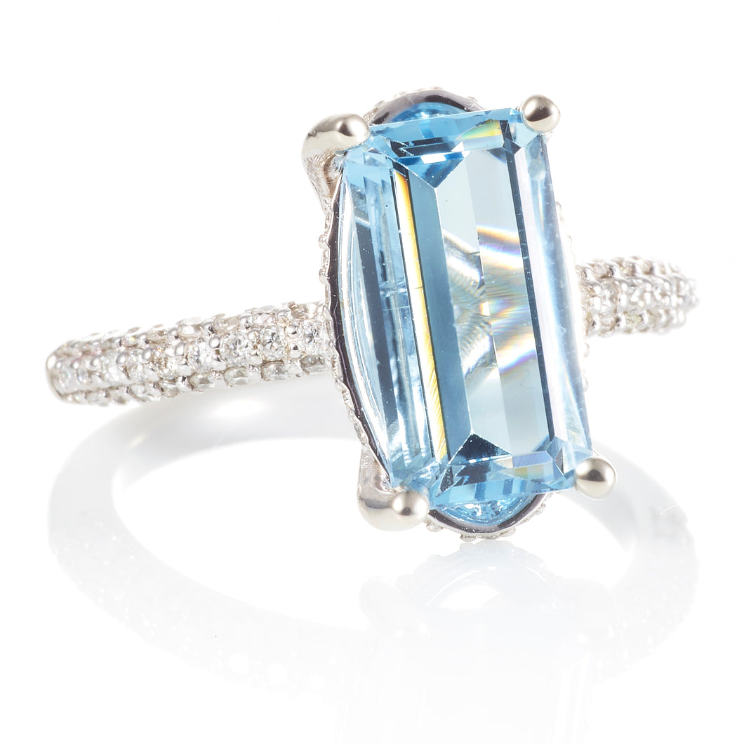 Custom-Made Emerald Cut Aquamarine and Pave Diamond Ring in 14k White Gold