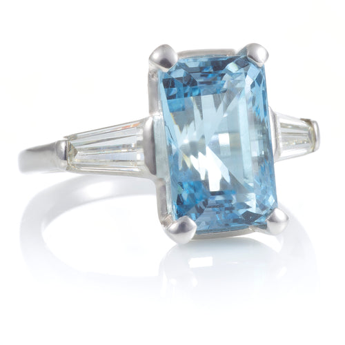 Emerald Cut Aquamarine and Baguette Diamond Ring in Platinum