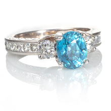 Load image into Gallery viewer, Blue Zircon Oval Ring with Diamond Accents in 18k White Gold
