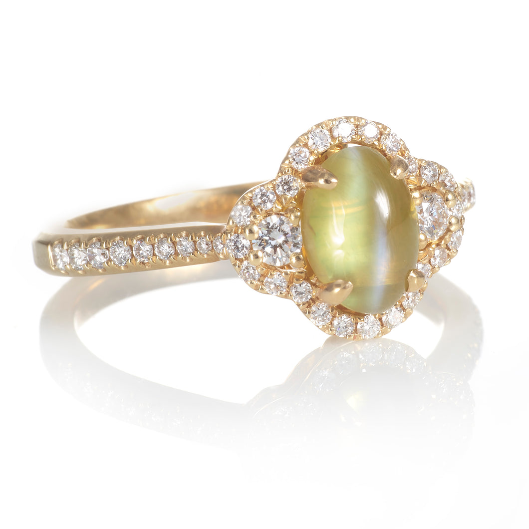 Custom-Made Cabochon Cat's Eye and Diamond Ring in 14k Yellow Gold