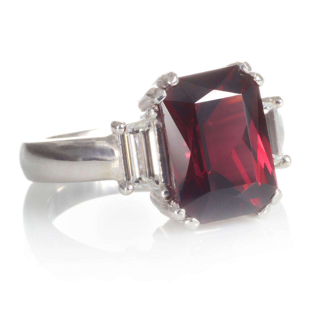 Emerald Cut Red Garnet Ring with Diamonds in Platinum