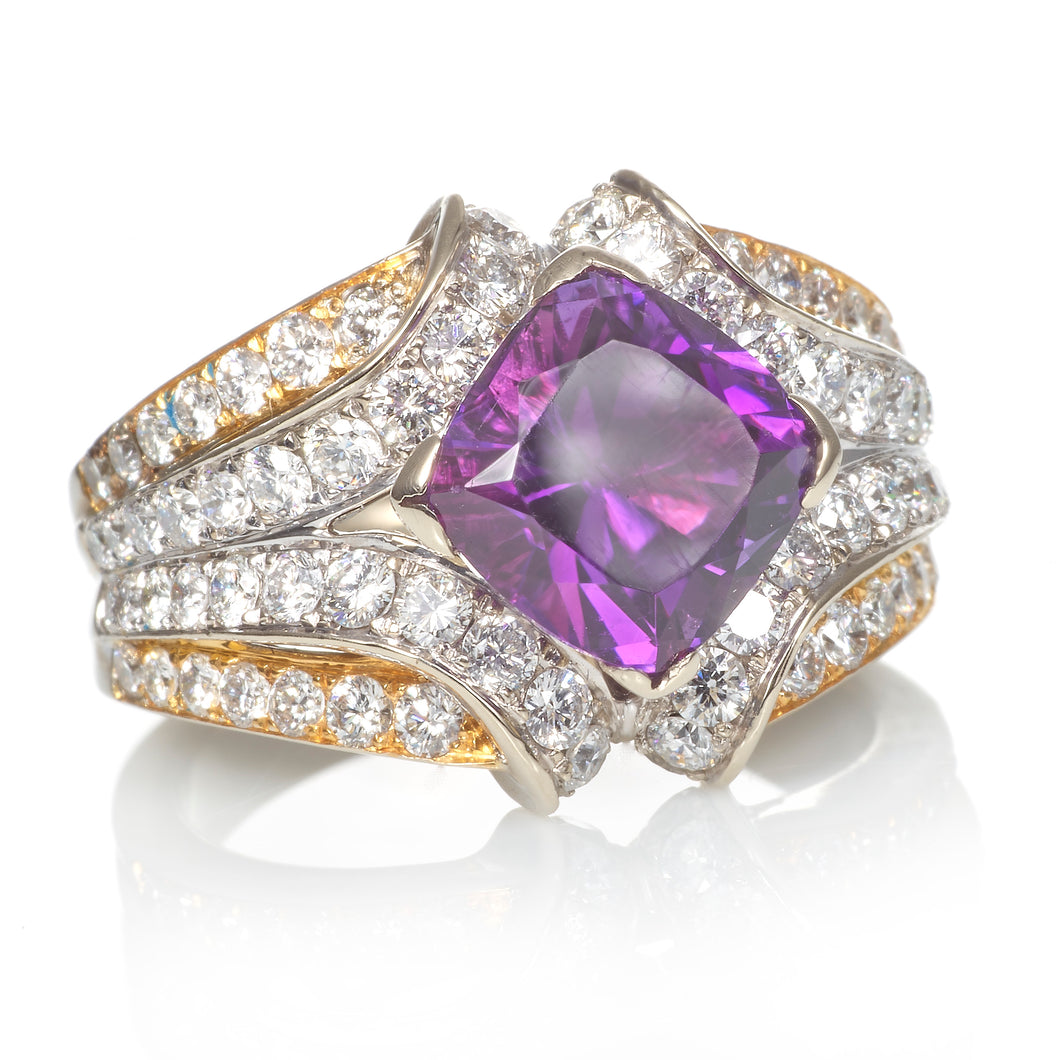 Cushion Cut Amethyst and Diamond Ring in 14k Yellow and White Gold