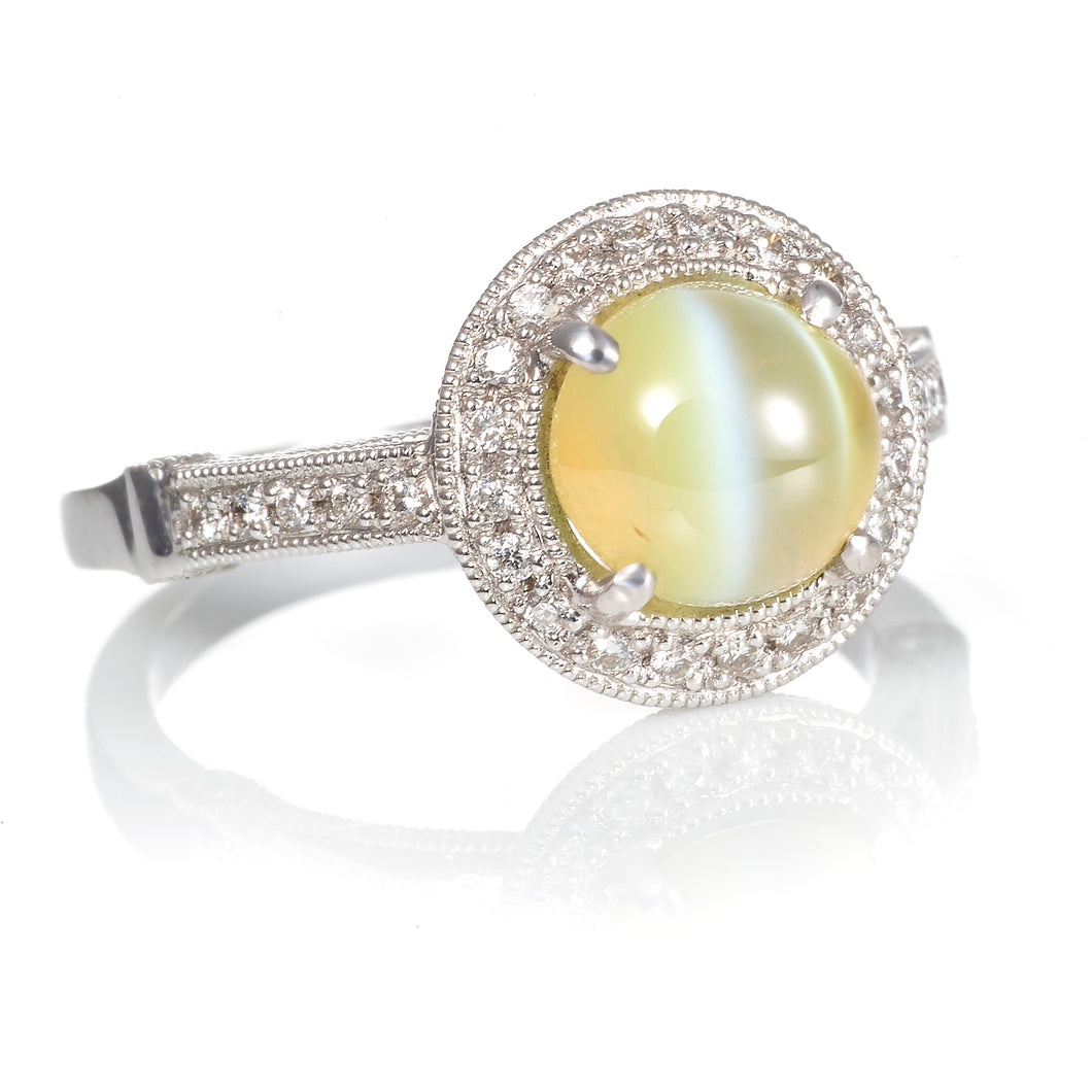 Cat's Eye and Diamond Halo Ring in 18k White Gold