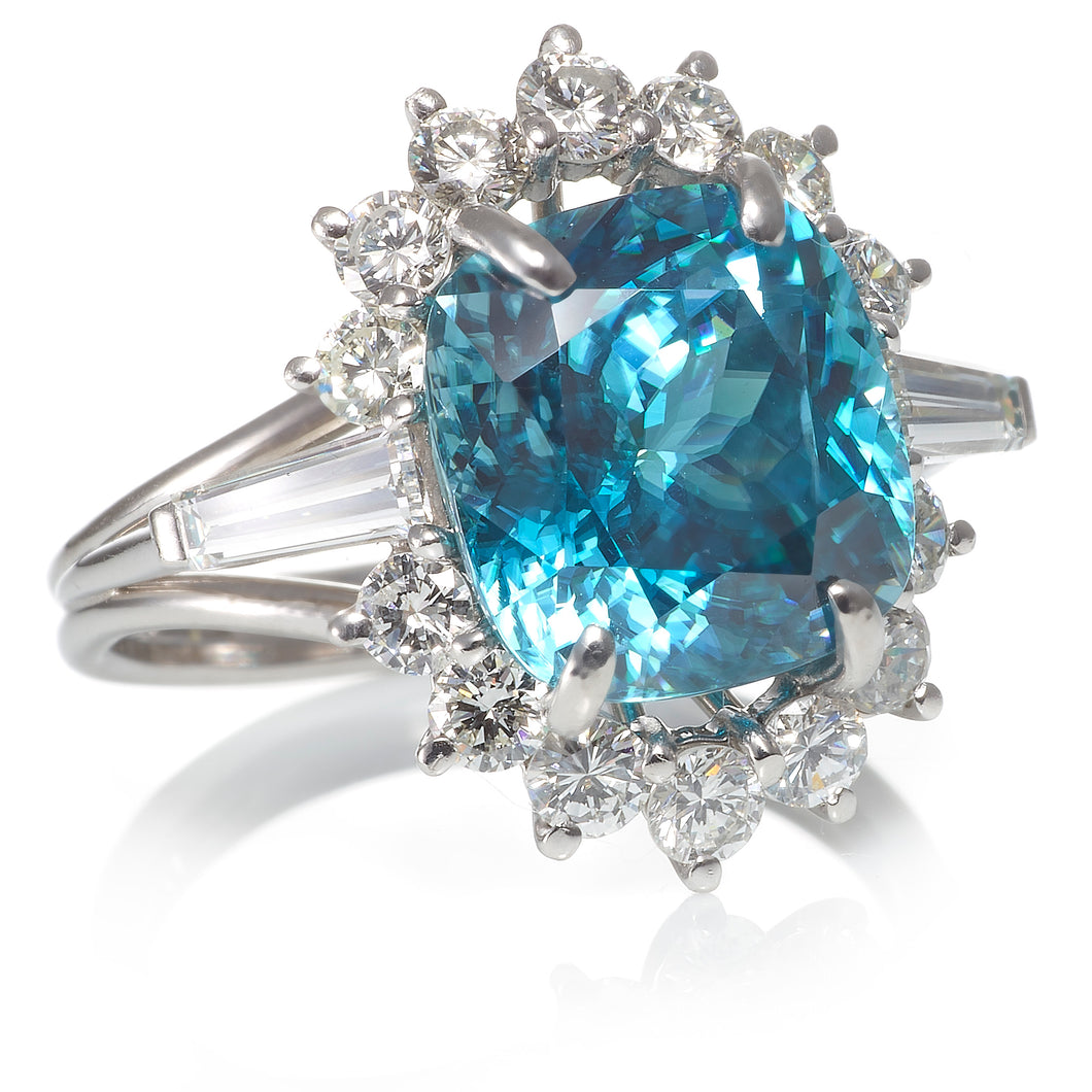 Platinum Blue Zircon and Diamond Ring