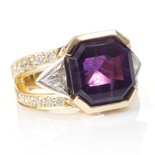 Load image into Gallery viewer, 18k Yellow Gold Amethyst Men&#39;s Ring with Trillion and Channel Set Diamonds
