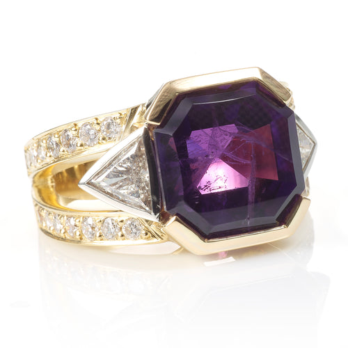 18k Yellow Gold Amethyst Men's Ring with Trillion and Channel Set Diamonds
