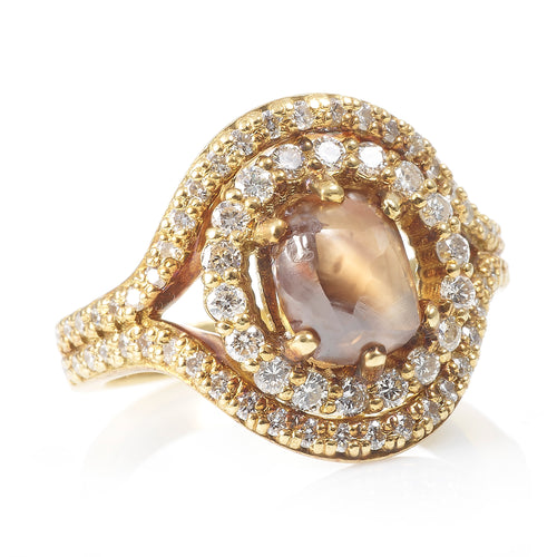 Natural Champagne Diamond Ring with a Double Halo in Yellow Gold