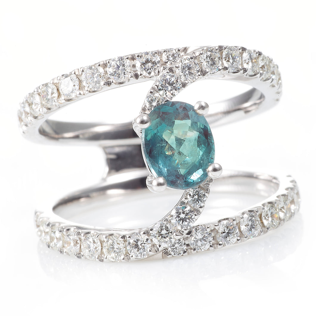 Custom-Made Natural Alexandrite Diamond Twist Ring in 14k White Gold