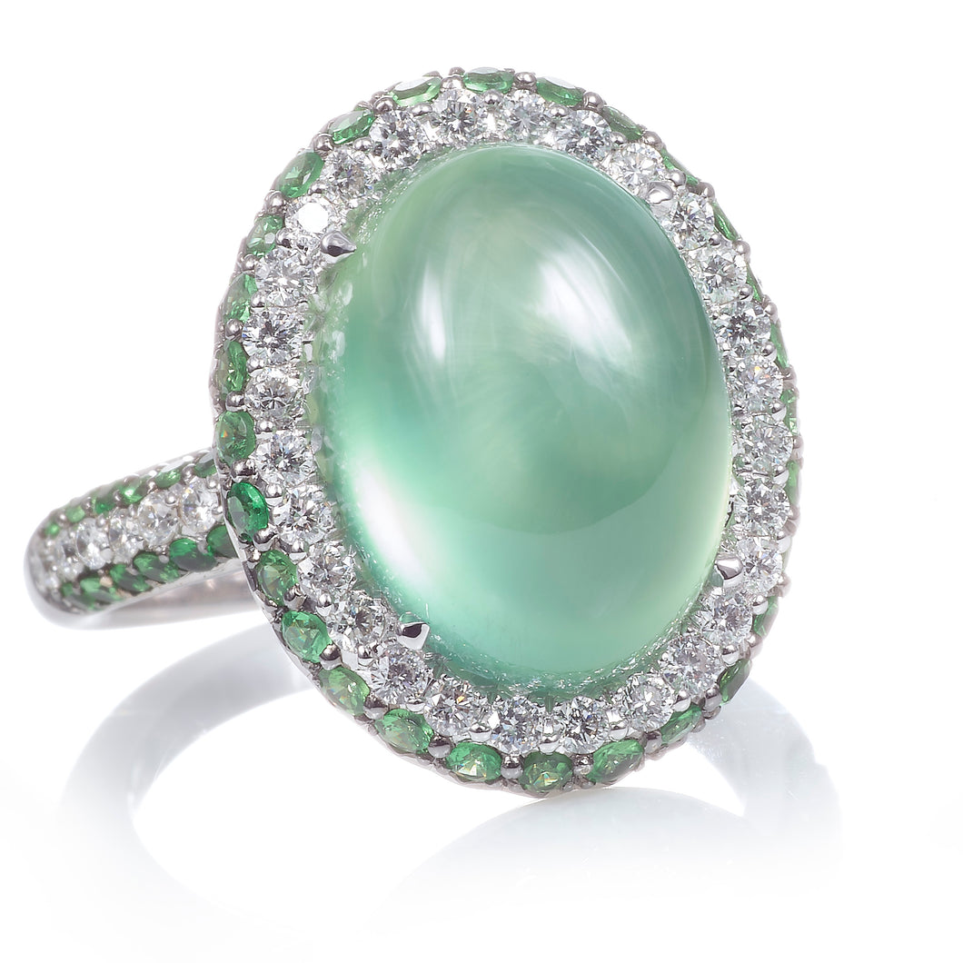 Custom-Made Chrysoprase and Tsavorite Garnet Diamond Ring in 18k White Gold
