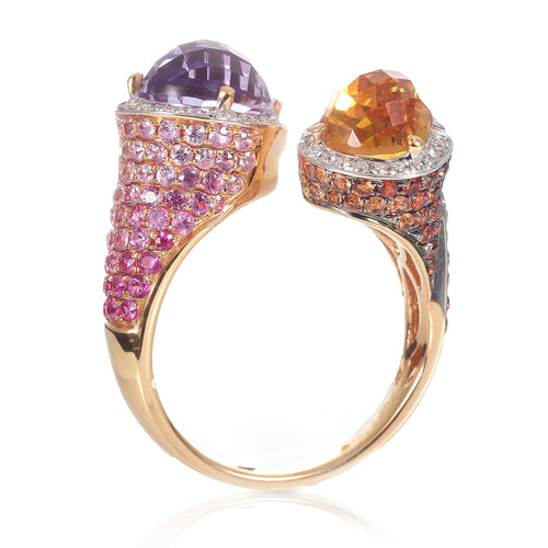 Citrine & Amethyst Ring with Multi Colored Pave Sapphire Stones
