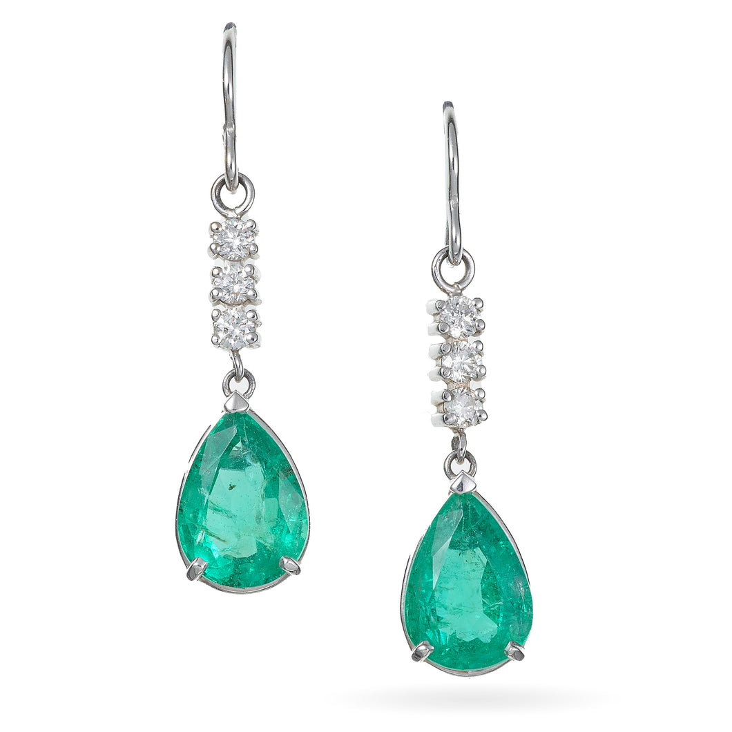  Emerald and Diamond Dangle Drop Earrings in 14k White Gold