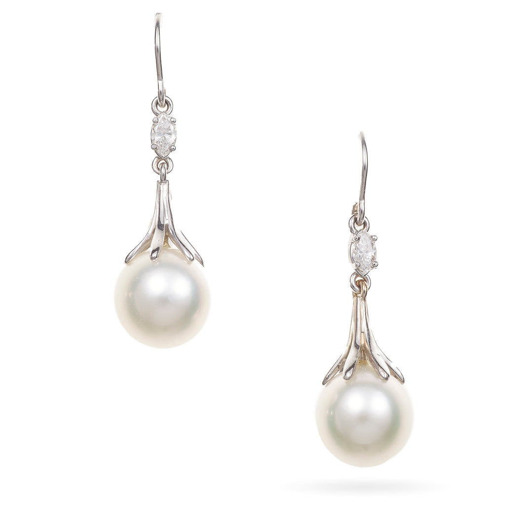 South Sea Pearl Earrings with Diamonds in 14k White Gold