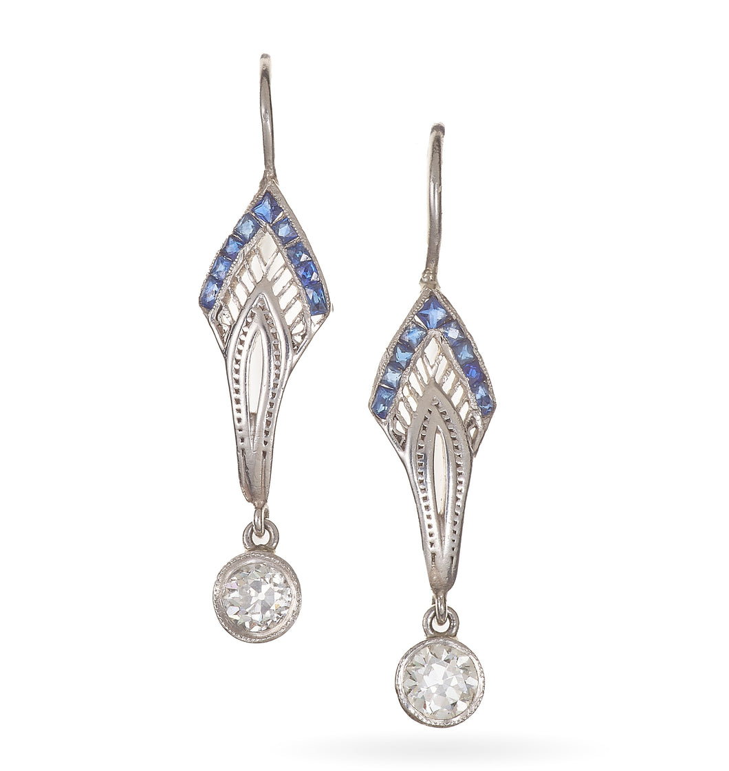 Vintage Art Deco Sapphire and Diamond Dangle Earrings in Platinum