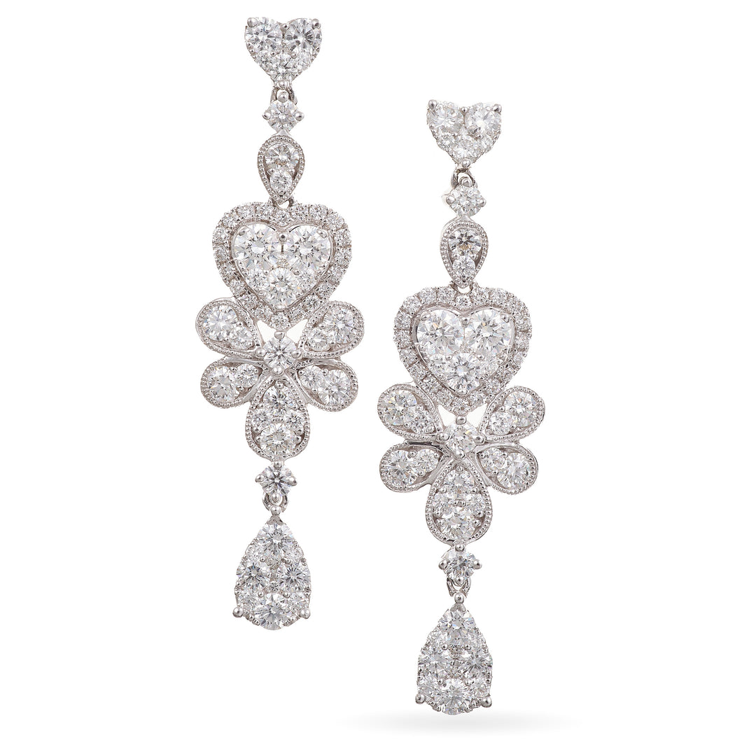 Diamond Dangle Earrings with Hearts in 18k White Gold