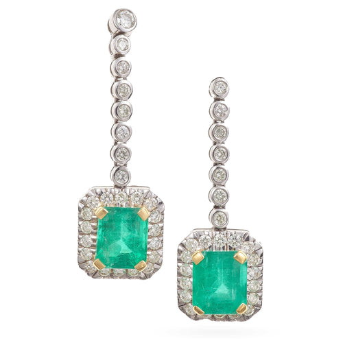 18k Two-Tone Emerald and Diamond Drop Earrings