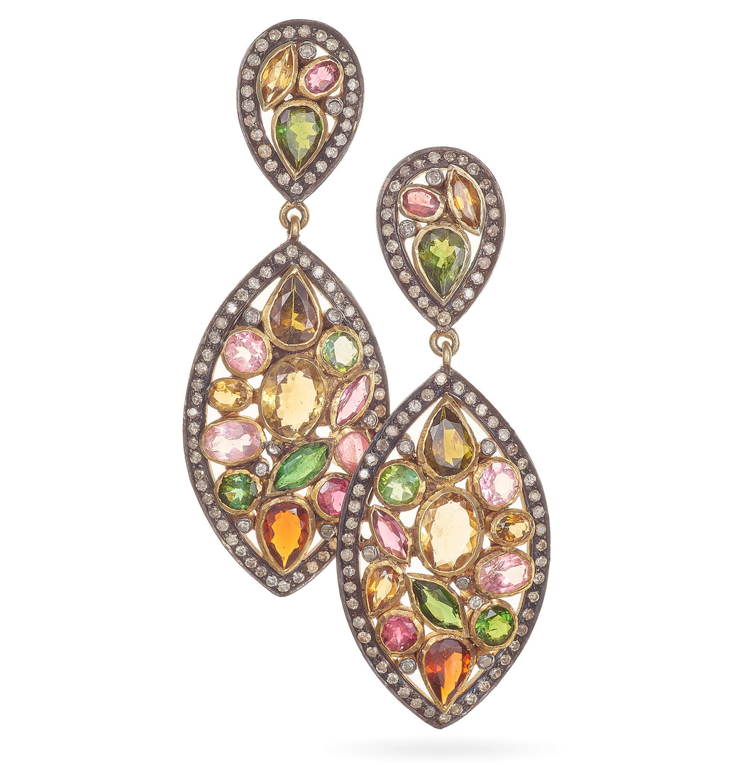 Custom-Multi-Color Tourmaline Earrings in Sterling Silver and 14k Yellow Gold