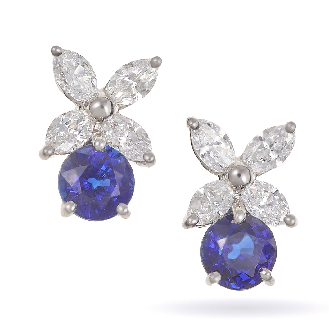Custom Made Marquise Diamond and Blue Sapphire Platinum Earrings