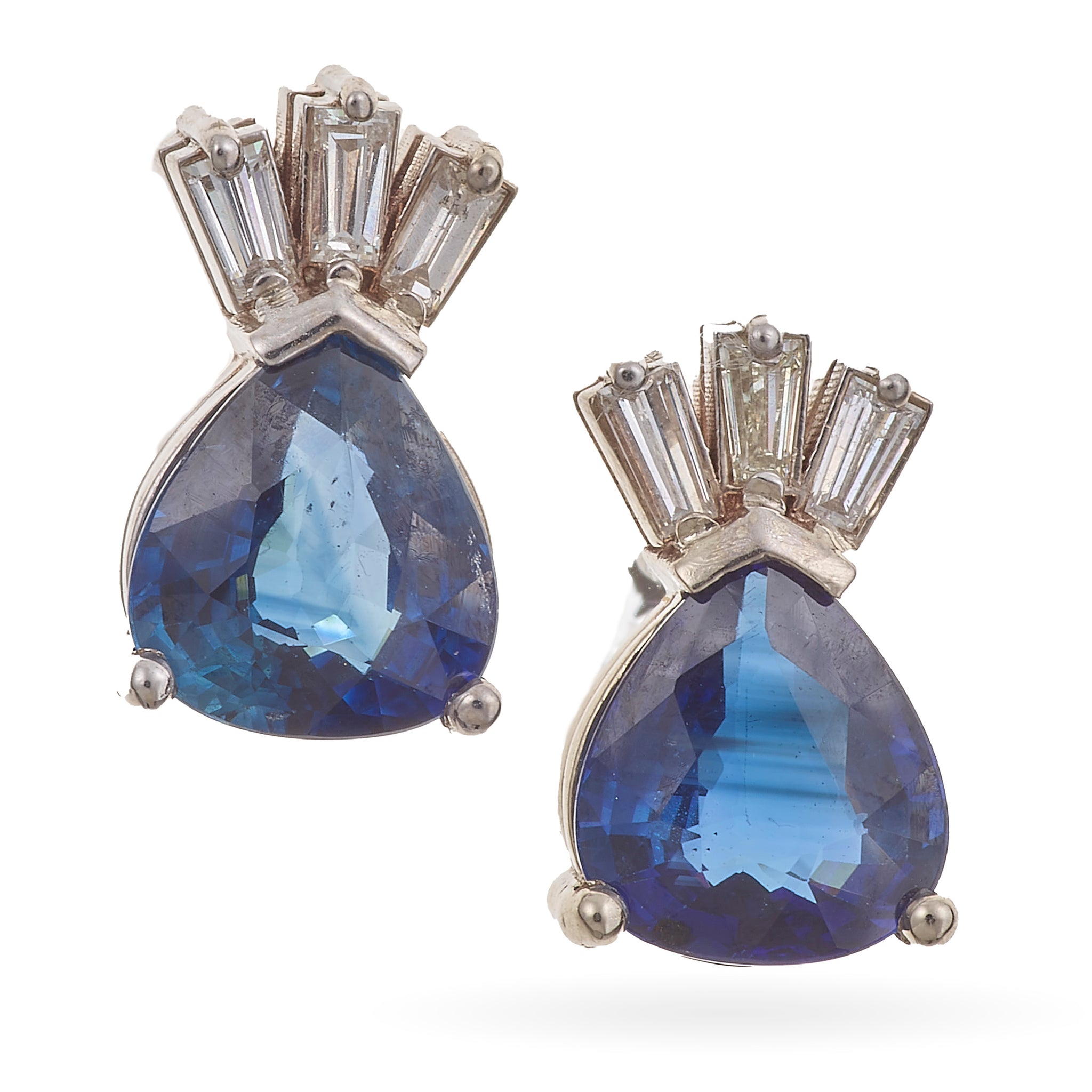 Custom-Made Sapphire and Baguette Diamond Post Earrings in 14k White G