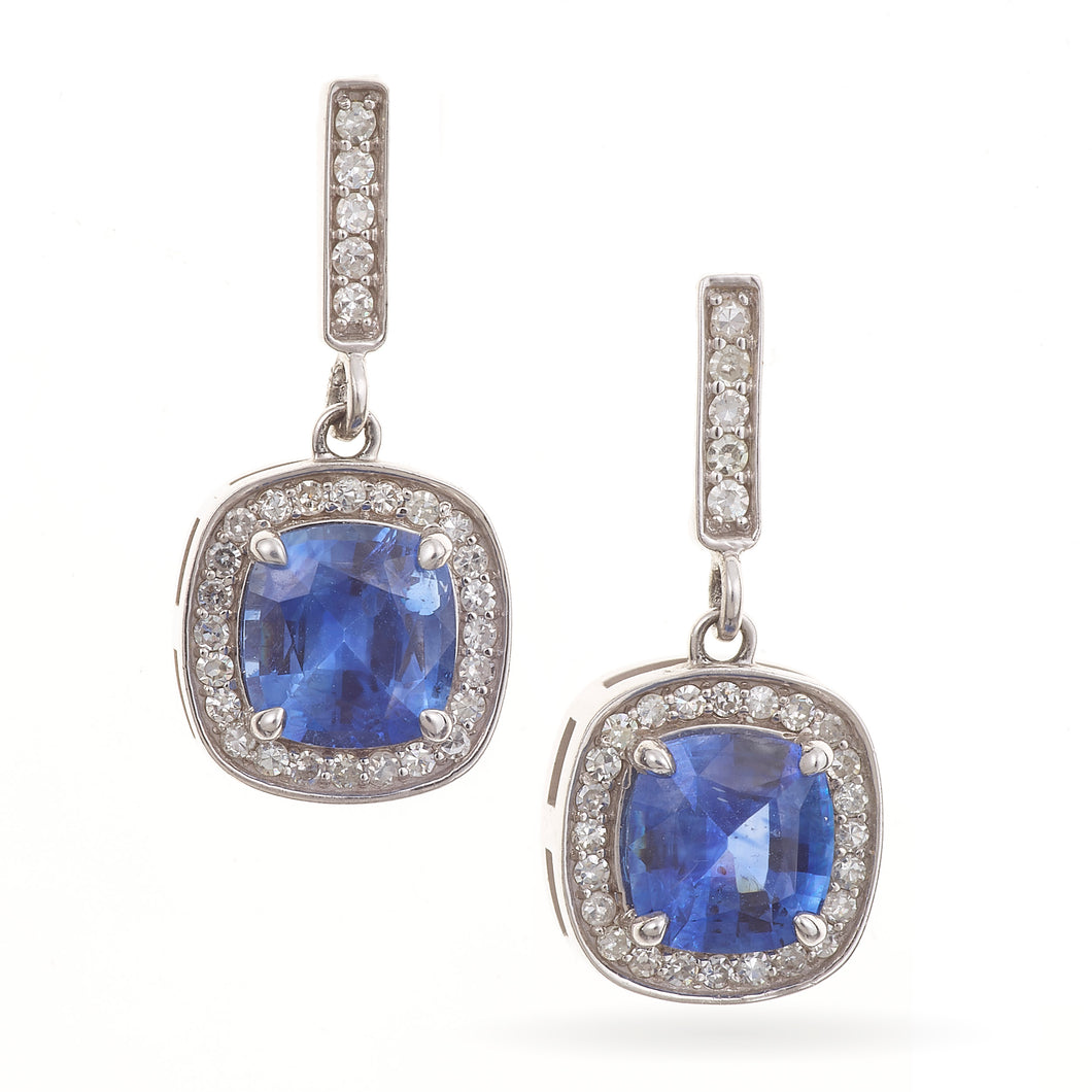 Custom-Made Cushion Cut Sapphire Earrings with Diamond Accents in 14k White Gold